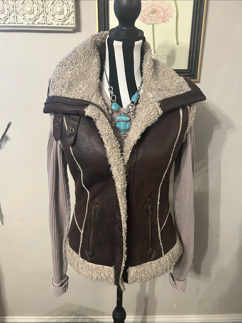 Cripple Creek Brown Faux Leather Sherpa Vest &free people thermal long sleeve S